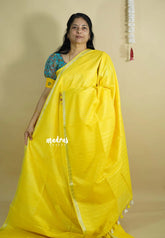 Neon Yellow - Khadi Silk with Lines Weaving Silver Border and Sequence Pallu