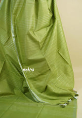 Pastel Olive Green - Khadi Silk with Lines Weaving Silver Border and Sequence Pallu