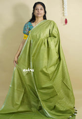 Pastel Olive Green - Khadi Silk with Lines Weaving Silver Border and Sequence Pallu
