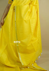 Neon Yellow - Khadi Silk with Lines Weaving Silver Border and Sequence Pallu