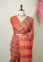 Rust Reverie - Khadi silk stripes thread weaving body with contrast pallu and blouse