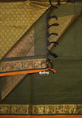 Deep Olive Green - Korvai silk cotton saree with Peacock Border and Buttas - Best for Festive Wear