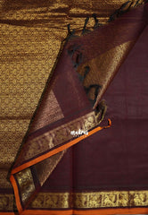 Coffee Brown - Korvai silk cotton saree with Peacock Border and Buttas - Best for Festive Wear