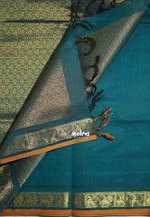 Teal Green - Korvai silk cotton saree with Peacock Border and Buttas - Best for Festive Wear