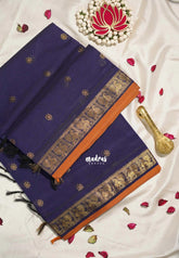 Navy Blue - Korvai silk cotton saree with Peacock Border and Buttas - Best for Festive Wear