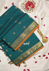 Teal Green - Korvai silk cotton saree with Peacock Border and Buttas - Best for Festive Wear