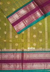 Mehndi Green - Korvai Silk Cotton Big Muthukattam with Rettapetta Peacock Border - Best for Wedding Functions