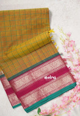 Muted Mustard - Korvai Silk Cotton Big Muthukattam with Rettapetta Peacock Border - Best for Wedding Functions