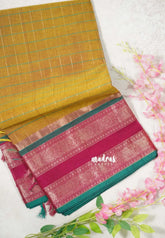 Muted Mustard Yellow - Korvai Silk Cotton Big Muthukattam with Rettapetta Peacock Border - Best for Wedding Functions