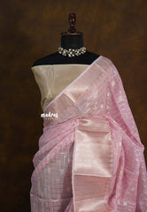 Soft Pink - Ramyam - Soft jute banarasi silk with Checks in Body with Silver and Gold Buttas - Perfect for Reception Functions