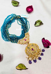 Premium 1 Gram Gold polish Trendy Stylish Layered Long Chain with Teal Blue Beads