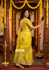 Lime Yellow - Banarasi Organza Silk with Beads worked Lotus Jacquard Border - Best for wedding Reception