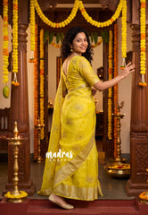 Lime Yellow - Banarasi Organza Silk with Beads worked Lotus Jacquard Border - Best for wedding Reception