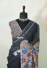 Elephant Black - Linen Cotton Saree with Kalamkari Pallu and Blouse - Best for Office Wear | Casual Wear