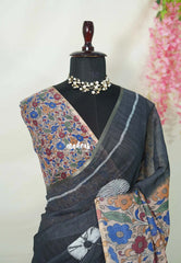 Elephant Black - Linen Cotton Saree with Kalamkari Pallu and Blouse - Best for Office Wear | Casual Wear