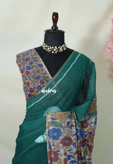 Peacock Green - Linen Cotton Saree with Kalamkari Pallu and Blouse - Best for Office Wear | Casual Wear