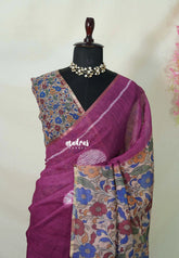 Magenta Purple - Linen Cotton Saree with Kalamkari Pallu and Blouse - Best for Office Wear | Casual Wear