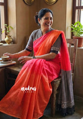 (PRE-BOOKING) Strawberry Orange Popsicle - Linen Cotton Saree with Gradient Ombre tone with Stripes Pallu and Blouse - Perfect for Office Wear | Summer wear | Casual Wear