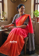 (PRE-BOOKING) Strawberry Orange Popsicle - Linen Cotton Saree with Gradient Ombre tone with Stripes Pallu and Blouse - Perfect for Office Wear | Summer wear | Casual Wear