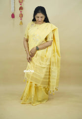 Pastel Golden Yellow - Premium Jute Silk Saree with Zari Detailing - Poovizhi Manjal