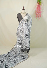 (PRE-BOOKING) Snow White - Linen Cotton Saree with Paris News Prints - Best for Office Wear | Casual Wear
