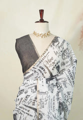 (PRE-BOOKING) Snow White - Linen Cotton Saree with Paris News Prints - Best for Office Wear | Casual Wear