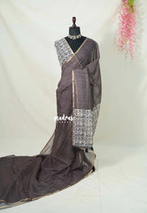 Muted Chocolate Brown - Linen Cotton Saree Plain Body with transcript blouse - Best for Office Wear | Casual Wear