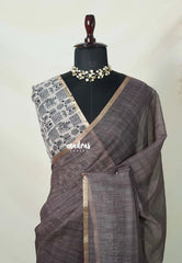 Muted Chocolate Brown - Linen Cotton Saree Plain Body with transcript blouse - Best for Office Wear | Casual Wear