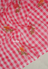 White with Pink - Linen Cotton Saree Madras Checks with Rose Flower Prints - Best for Office Wear | Casual Wear