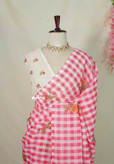 White with Pink - Linen Cotton Saree Madras Checks with Rose Flower Prints - Best for Office Wear | Casual Wear