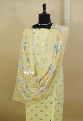 Amitha – Pastel Yellow Premium linen cotton Salwar Suit with Full Embroidery Floral Buttas