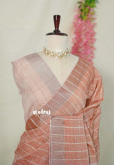 Muted Peach - Linen cotton with Checks with Zari and Tissue Border with Grooves - Perfect for Office Wear | Casual Wear