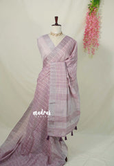 Muted Onion Pink - Linen cotton with Checks with Zari and Tissue Border with Grooves - Perfect for Office Wear | Casual Wear