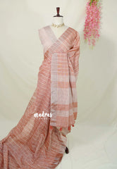 Muted Peach - Linen cotton with Checks with Zari and Tissue Border with Grooves - Perfect for Office Wear | Casual Wear