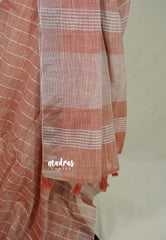 Muted Peach - Linen cotton with Checks with Zari and Tissue Border with Grooves - Perfect for Office Wear | Casual Wear