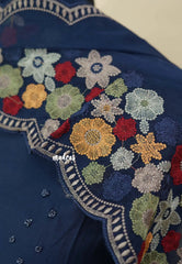 Amitha β Midnight Blue Luxury muslin silk beaded and hand embroidered yoke and organza dupatta with scallop work