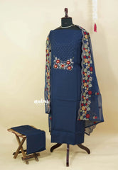 Amitha β Midnight Blue Luxury muslin silk beaded and hand embroidered yoke and organza dupatta with scallop work
