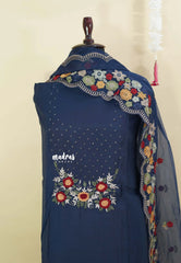 Amitha β Midnight Blue Luxury muslin silk beaded and hand embroidered yoke and organza dupatta with scallop work