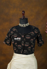 Jet Black - Stretchable Fabric = Stress-Free Fit ✨ Lycra Cotton Readymade Kalamkari flower printed Blouse – Perfect Fit Comfort