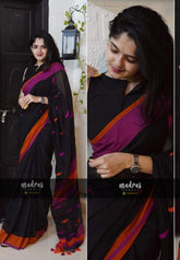 Khadi linen Mukkonam Buttas Black Ganga Jamuna border - Madras Sarees