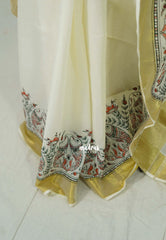 Smt Nirmala sitharaman inspired Madhubani Handpainted south cotton with raw silk blouse combo - Pearl white