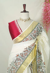 Smt Nirmala sitharaman inspired Madhubani Handpainted south cotton with raw silk blouse combo - Pearl white