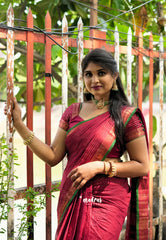 Kumkum Maroon - Karthigai silk cotton with golden stripes weaving