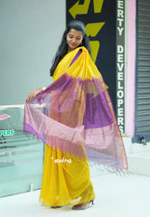 Mango yellow with Purple - Shalini Premium kota silk with small border contrast pallu and blouse