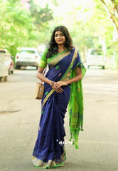 (PRE-BOOKING) Navy Blue - Kannamma Handwoven Ballbutta linen with Green pallu