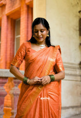 Carrot Orange - Sithara - Semi Tussar saree Golden zari Checks in body with Zari Border