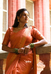 Carrot Orange - Sithara - Semi Tussar saree Golden zari Checks in body with Zari Border