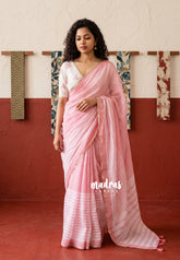 Peach Blush Pink - Pragathi - Linen Cotton Saree with Multiline Big Border - Perfect for Office Wear | Summer wear | Casual Wear