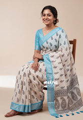 Creamy Beige - Pragathi - Linen Cotton Saree Mango Motif Prints Contrast Border and Blouse - Perfect for Office Wear | Casual Wear