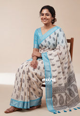 Creamy Beige - Pragathi - Linen Cotton Saree Mango Motif Prints Contrast Border and Blouse - Perfect for Office Wear | Casual Wear